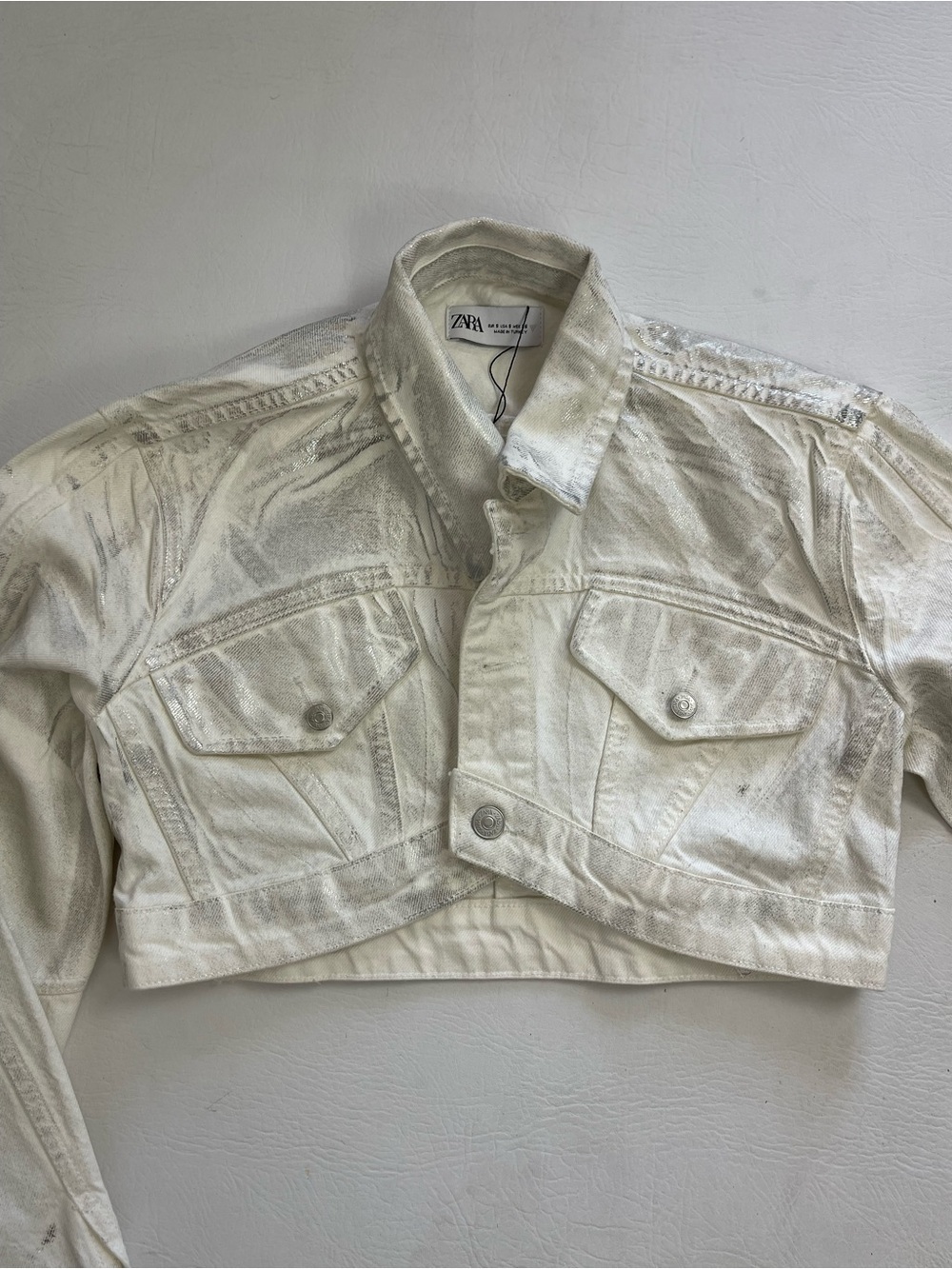 Zara Metallic Silver High-Low Cropped Denim Jacket NWT Size S - Picture 8 of 10